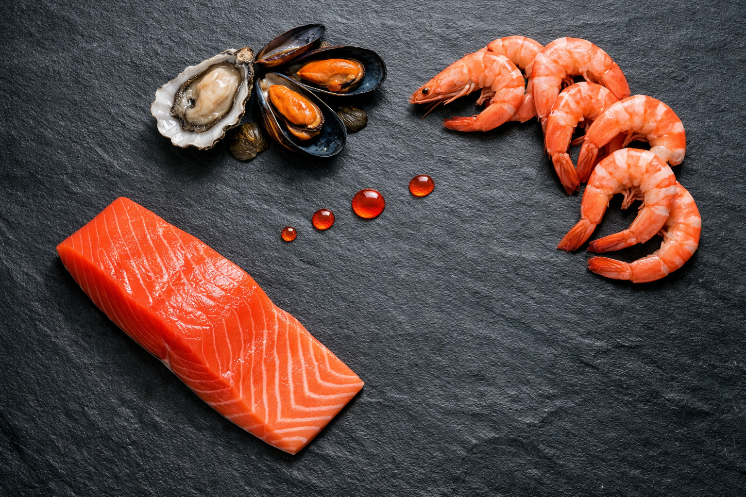 Saumon, crevettes et crustacés illustrant les sources naturelles d’astaxanthine