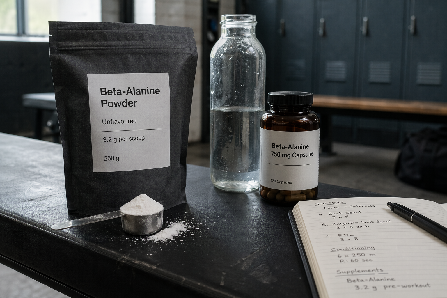 Poudre et gélules de bêta-alanine sur un banc de salle de sport, à côté d’une bouteille d’eau et d’un carnet d’entraînement