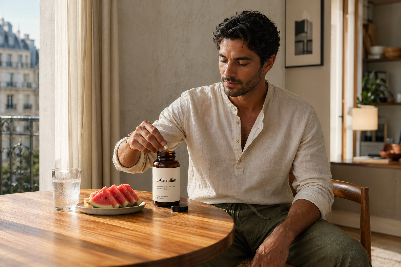 Homme prenant un complément de L-citrulline avec de la pastèque et de l’eau à la table du petit-déjeuner