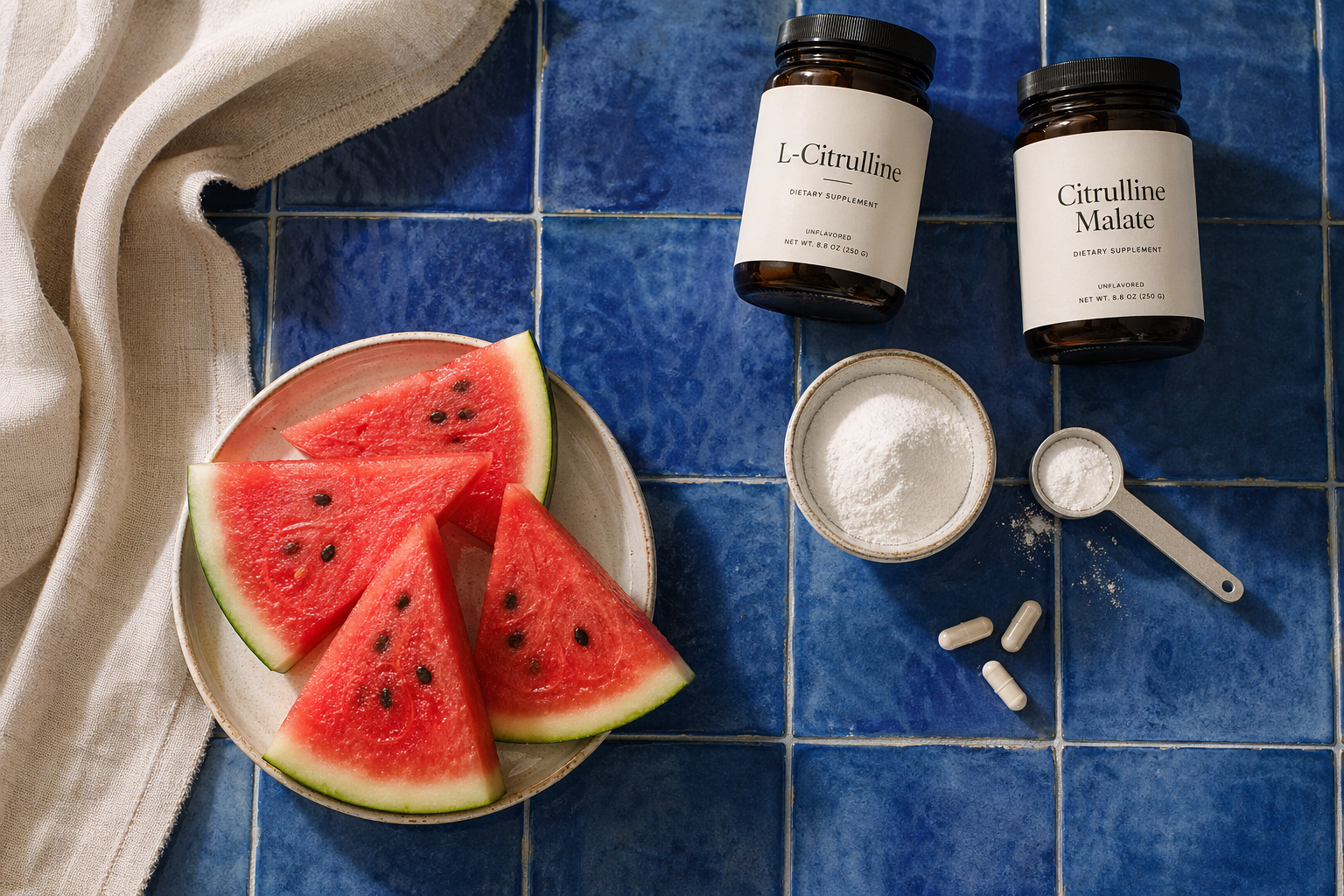 Vue de dessus de pastèque, de poudre de citrulline, de gélules et de pots de L-citrulline et de malate de citrulline