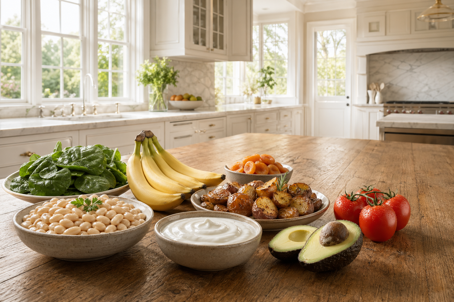Aliments riches en potassium, comme des haricots, des pommes de terre, du yaourt, des bananes, des épinards et des tomates, sur une table