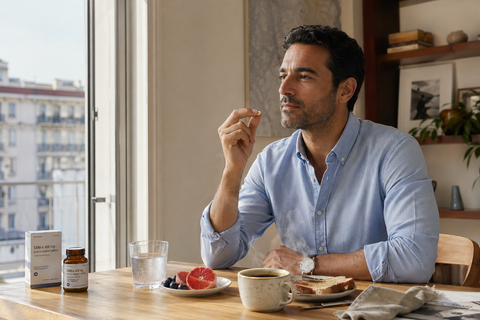 Homme prenant un complément de SAM-e avec de l’eau à la table du petit-déjeuner