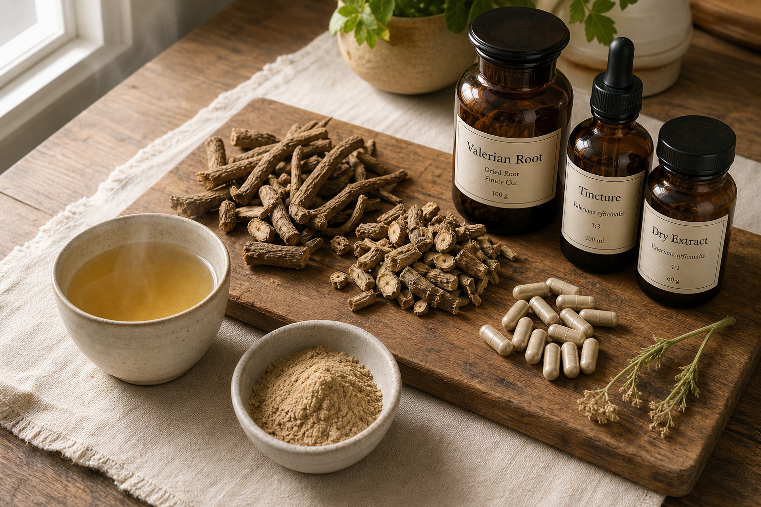 Racine de valériane, gélules, tisane et teinture montrant différentes formes de compléments