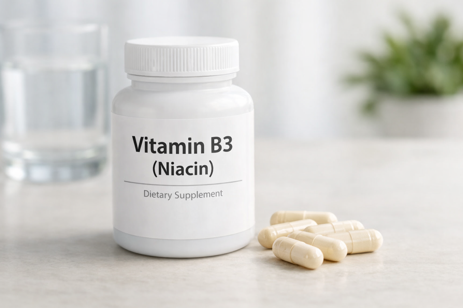 Flacon de complément de niacine vitamine B3 avec des gélules sur une surface propre