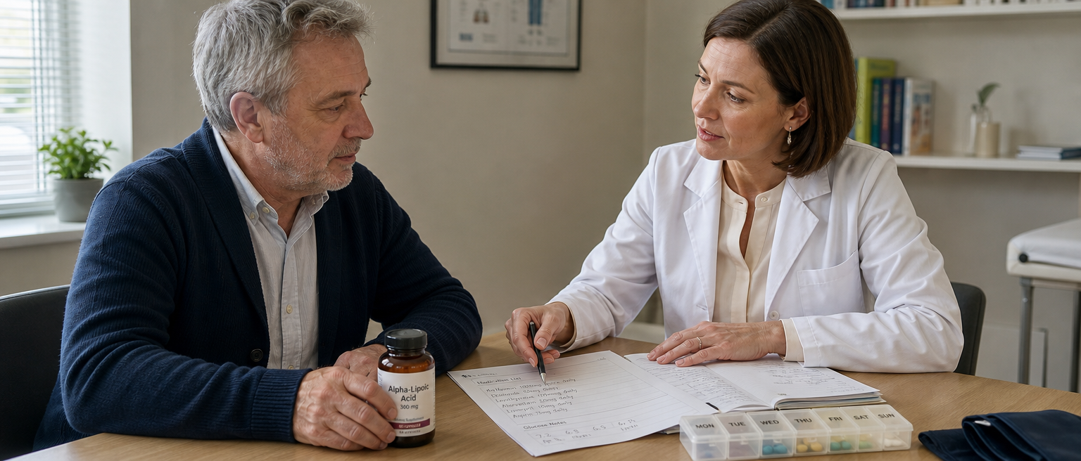 Un patient et un pharmacien examinent un complément d’acide alpha-lipoïque à côté d’une liste de médicaments.