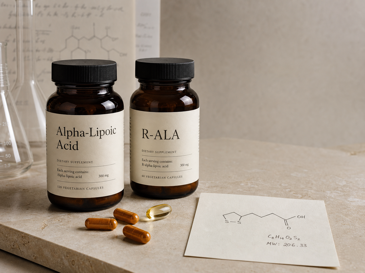 Flacons génériques de compléments de R-ALA et d’acide alpha-lipoïque avec des gélules sur une surface neutre.