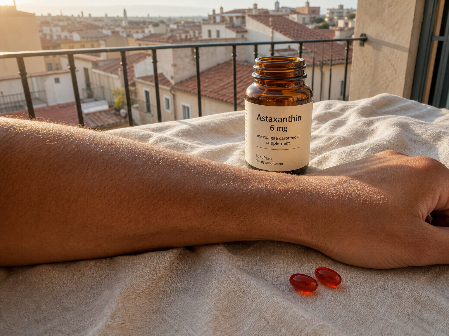 Peau au soleil à côté de gélules rouge orangé d'astaxanthine et d'un flacon générique de complément.
