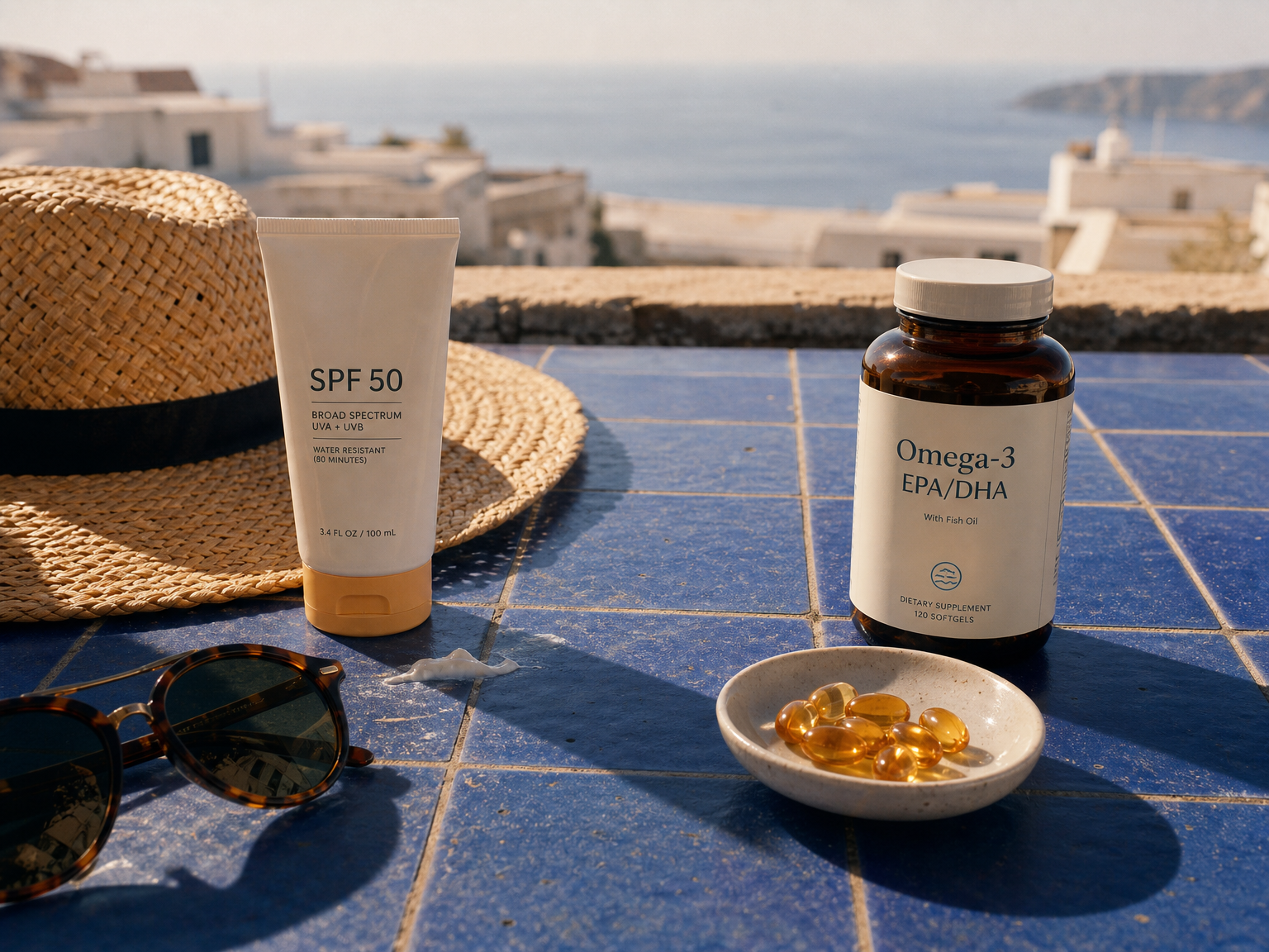 Capsules d’oméga-3 à côté d’une crème solaire, de lunettes de soleil et d’un chapeau sur une table ensoleillée.