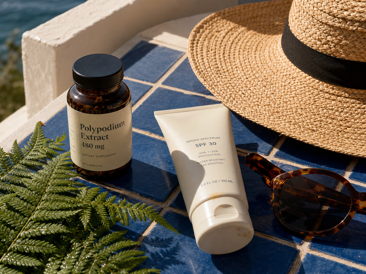 Complément à base d’extrait de Polypodium posé à côté de feuilles de fougère, d’une crème solaire, de lunettes de soleil et d’un chapeau.