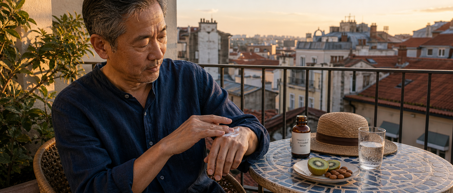 Un homme applique de la crème solaire sur un balcon, à côté d'un sérum sans marque à la vitamine C et E, d'un chapeau, d'un kiwi et d'amandes.