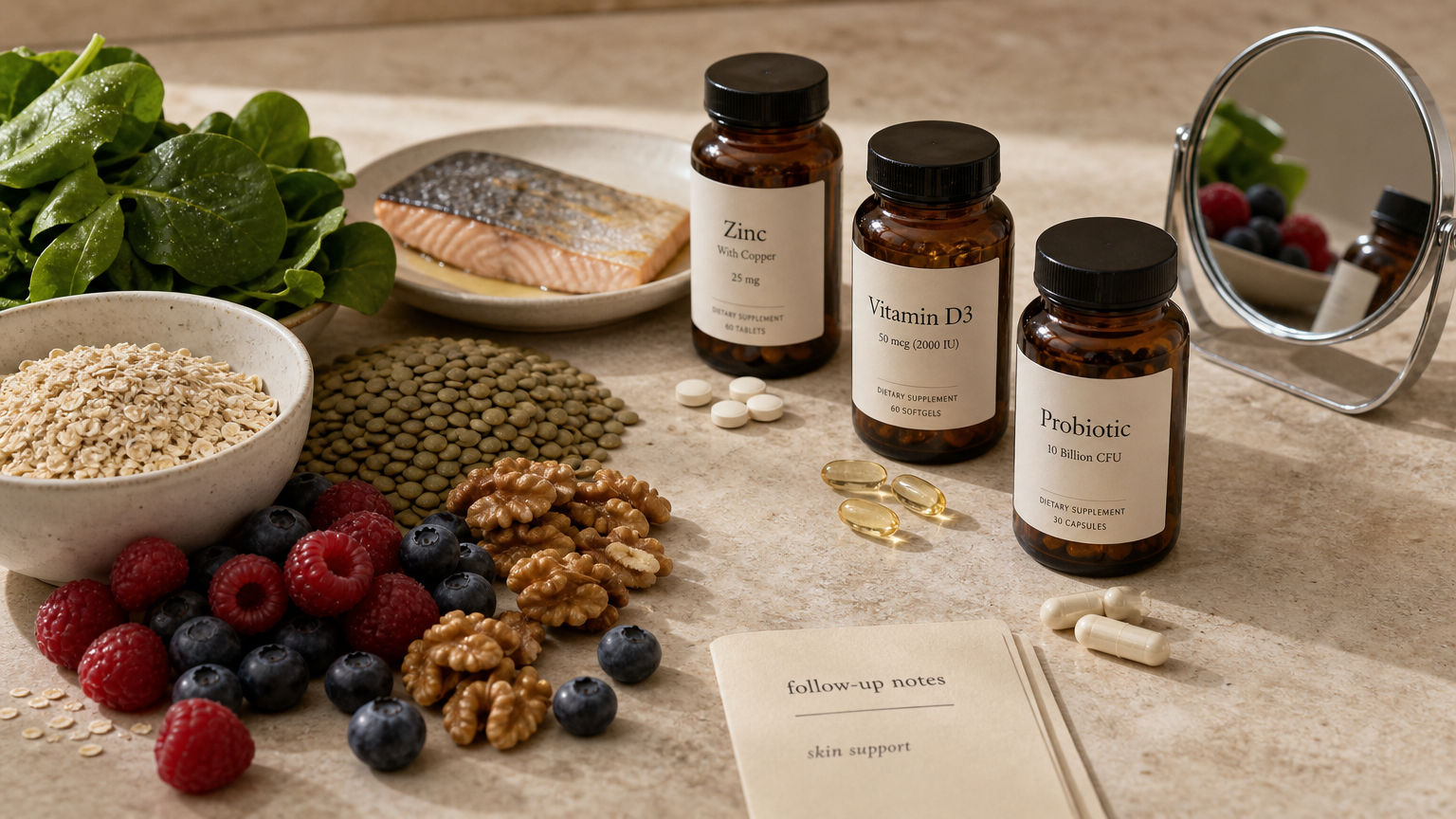 Makanan rendah glikemik dengan suplemen seng, vitamin D, dan probiotik generik yang ditata untuk artikel nutrisi jerawat.