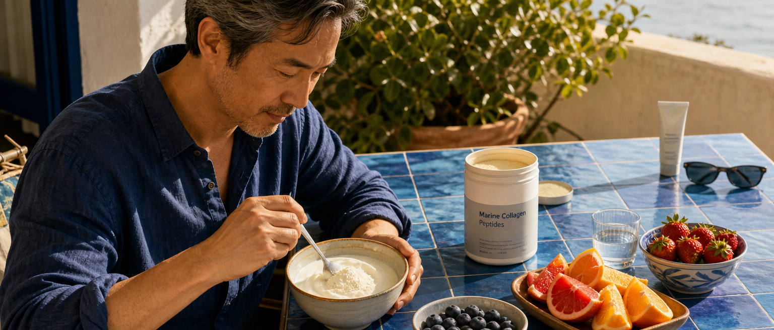 Pria mengaduk bubuk peptida kolagen ke dalam yoghurt di samping buah dan tabir surya.