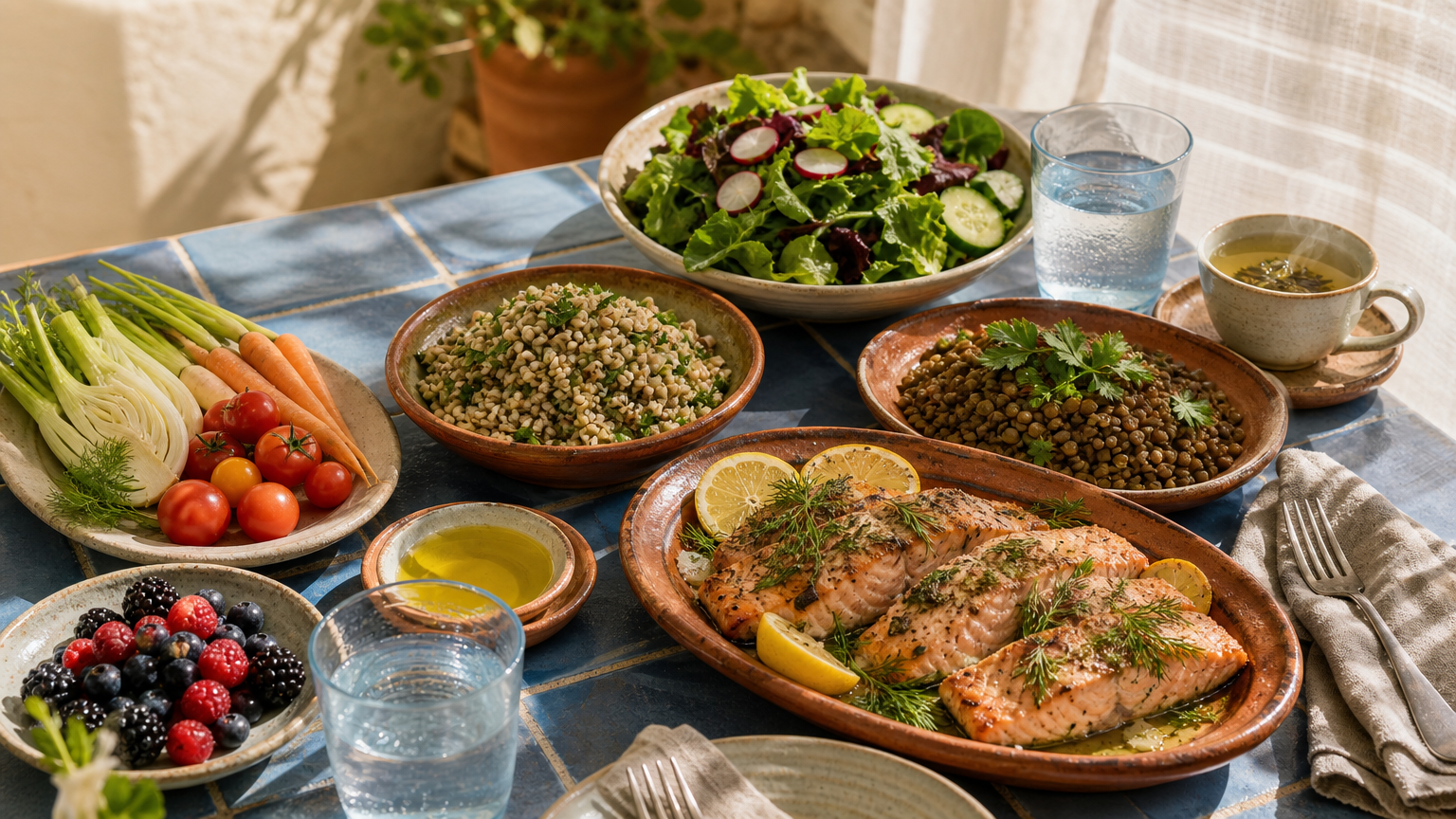 Pasto adatto a chi ha l'acne con lenticchie, verdure a foglia verde, salmone, frutti di bosco, olio d'oliva e cereali integrali.