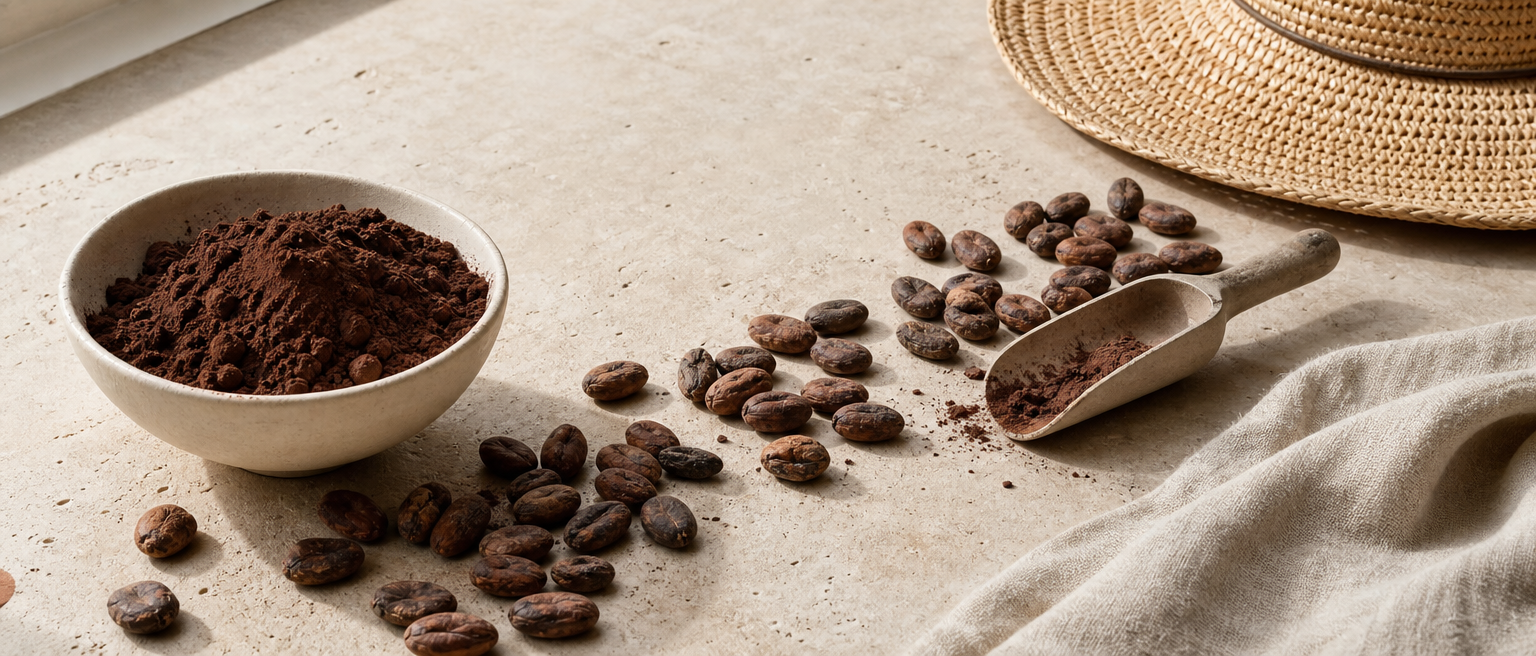 Fave di cacao e cacao scuro in polvere accanto a un cappello di paglia da sole su un tavolo chiaro.