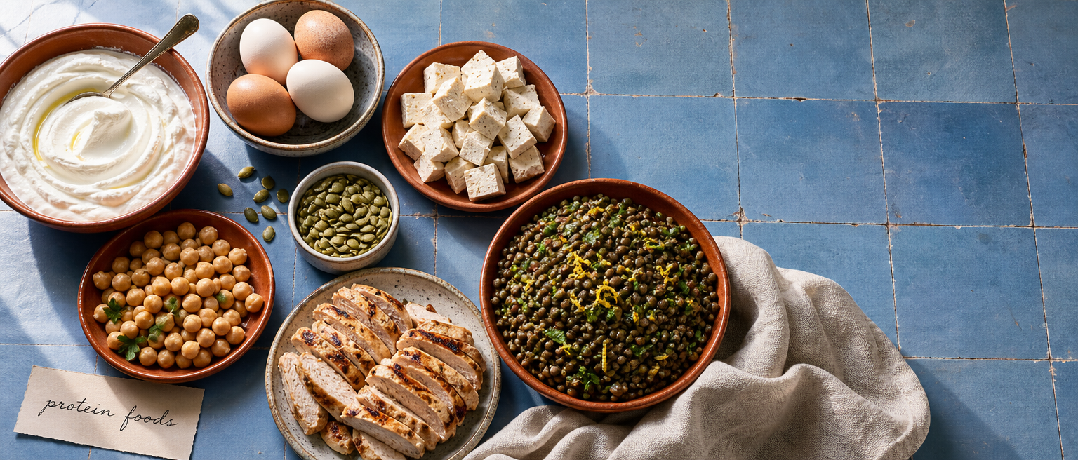 Alimenti ricchi di proteine, tra cui yogurt, uova, tofu, ceci, semi, pollo e lenticchie, su un tavolo piastrellato.