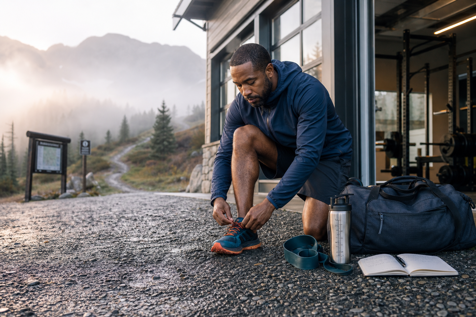 Atleta che si prepara a un allenamento misto con scarpe, pesi e uno shaker nelle vicinanze.