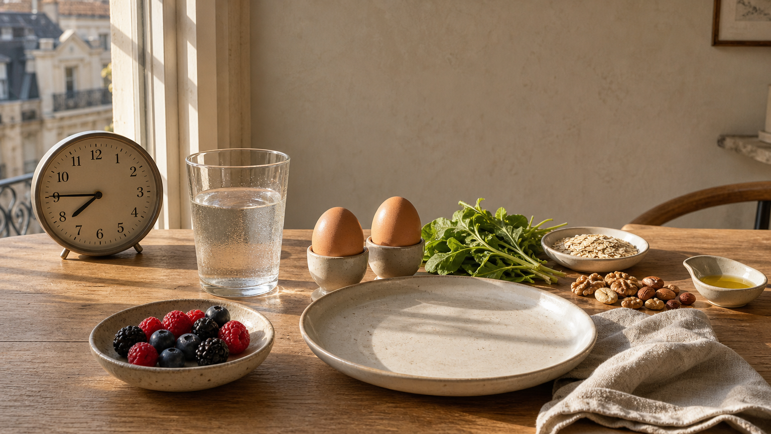 Tavolo da pranzo con un orologio, un bicchiere d'acqua e ingredienti per un pasto equilibrato che richiamano gli orari dei pasti.