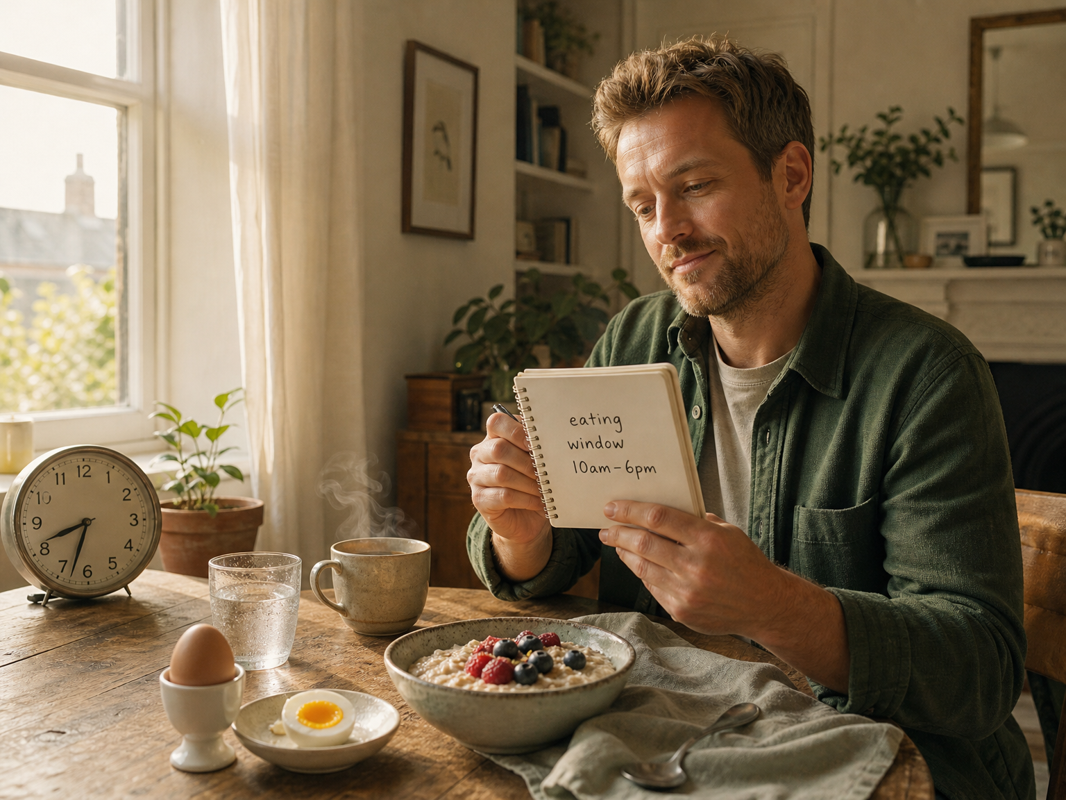Uomo che pianifica una finestra di alimentazione a tempo limitato accanto a una colazione equilibrata e a un orologio.