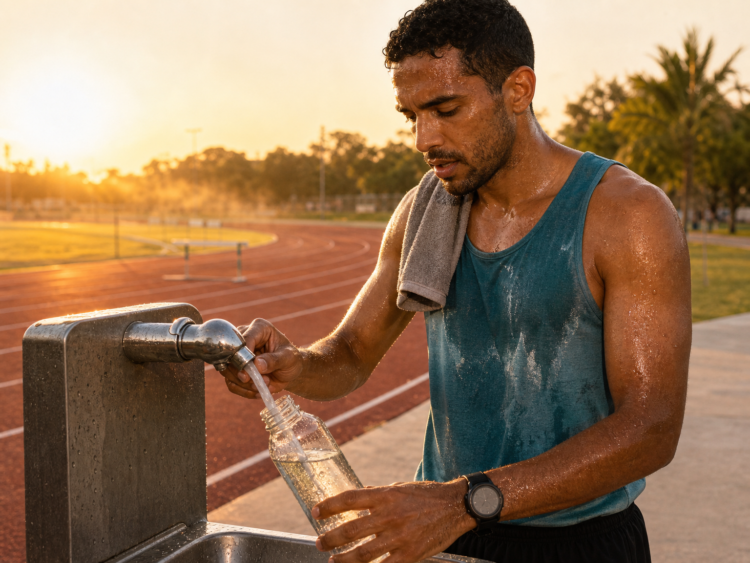 Atleta sudato che riempie di nuovo una borraccia sportiva dopo un allenamento al caldo.
