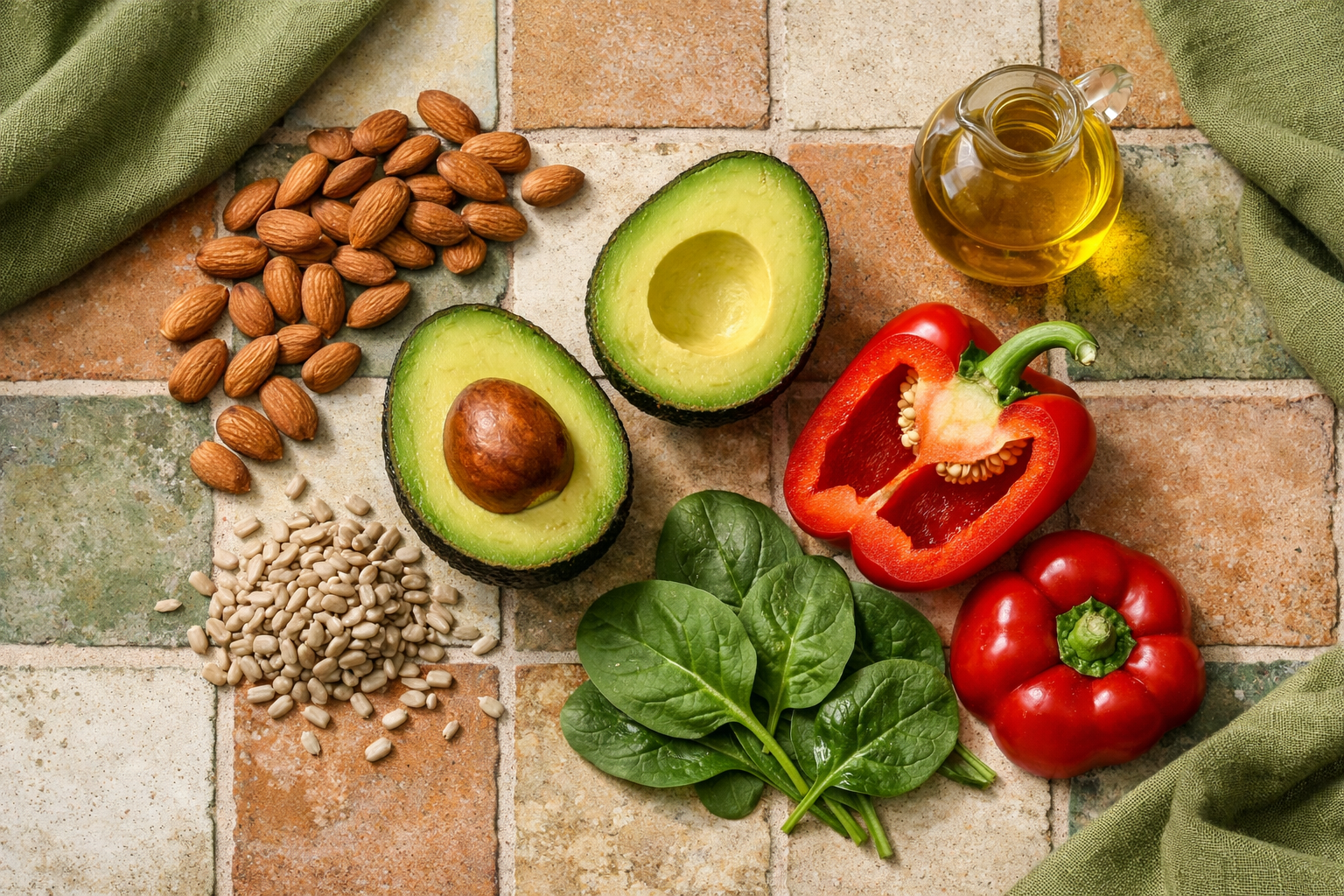 Alimenti ricchi di vitamina E, tra cui mandorle, semi, avocado, spinaci e olio d'oliva