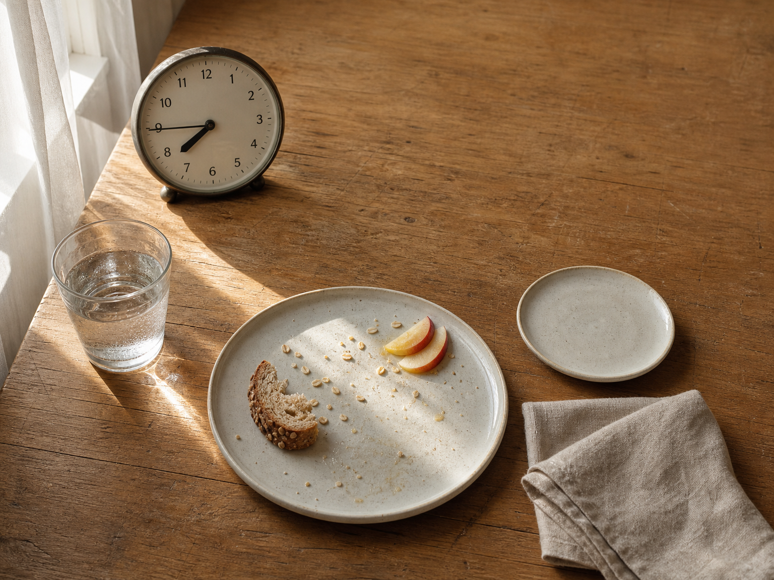 断食と食事のサイクルを表す、木のテーブルの上の時計、水の入ったグラス、簡素な食事。