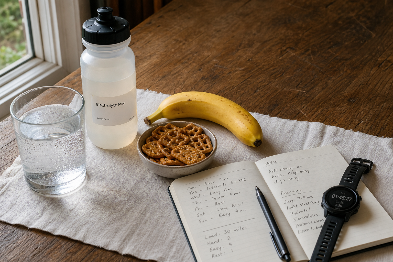 筋けいれん予防のために並べられた水分、電解質、軽食、トレーニングメモ。