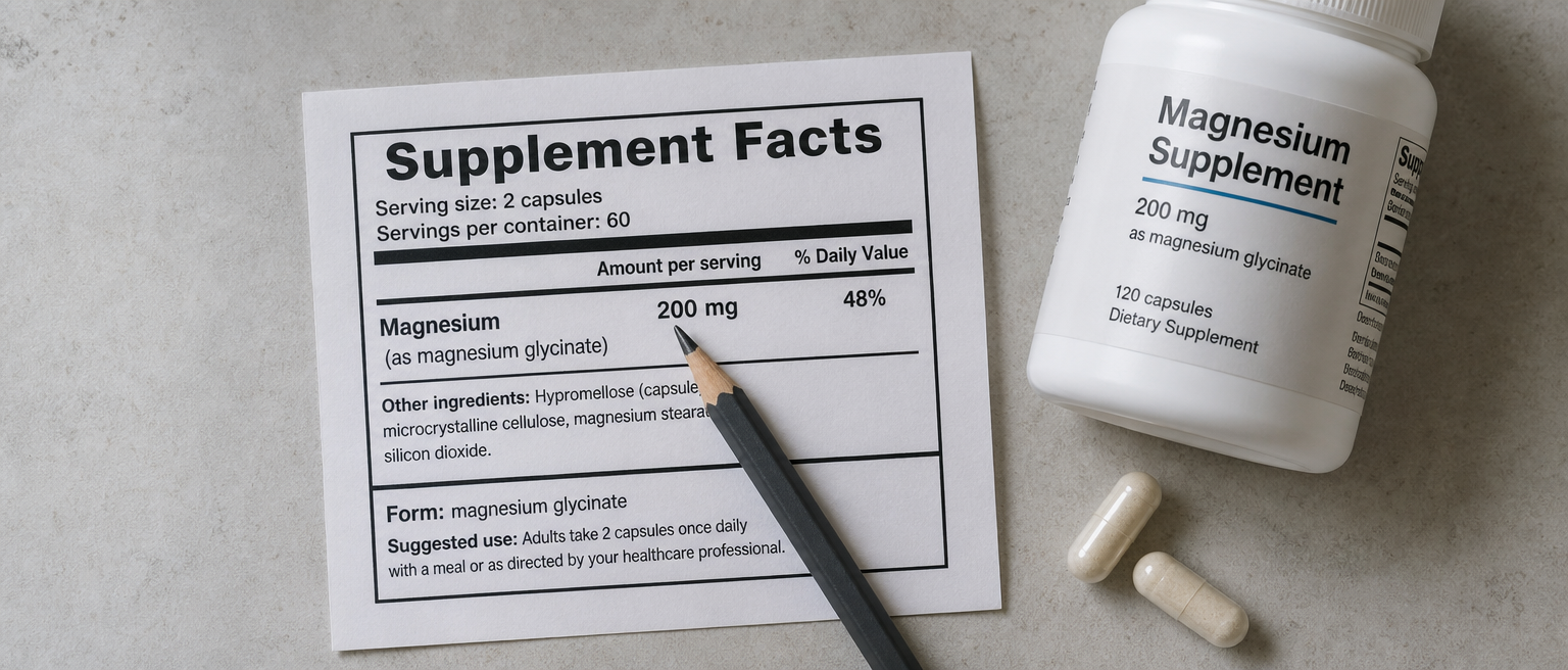 1回分あたりのマグネシウム量が強調された一般的なSupplement Facts表示。