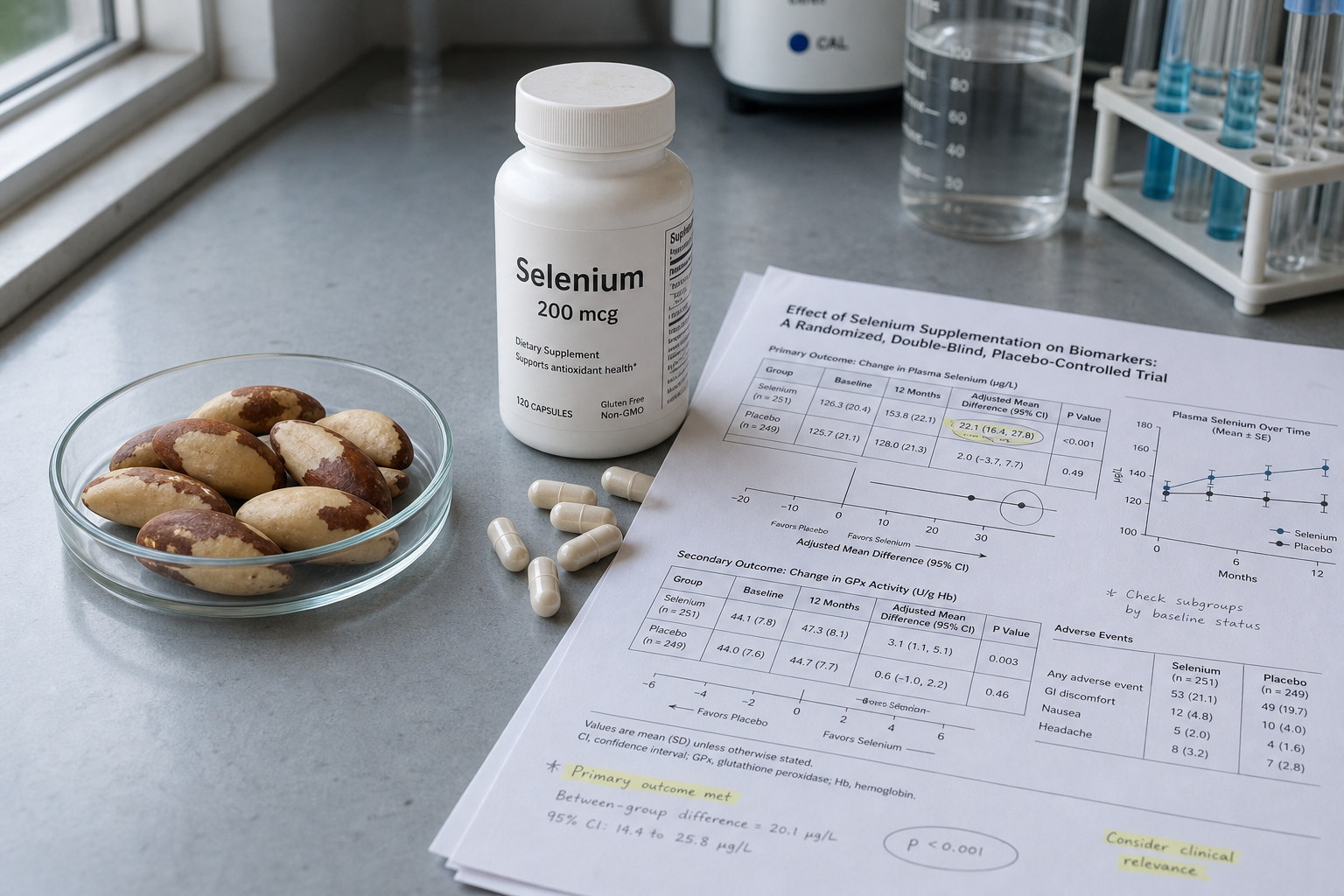 研究ノートと臨床試験の論文のそばに置かれた、セレンを多く含む食品。
