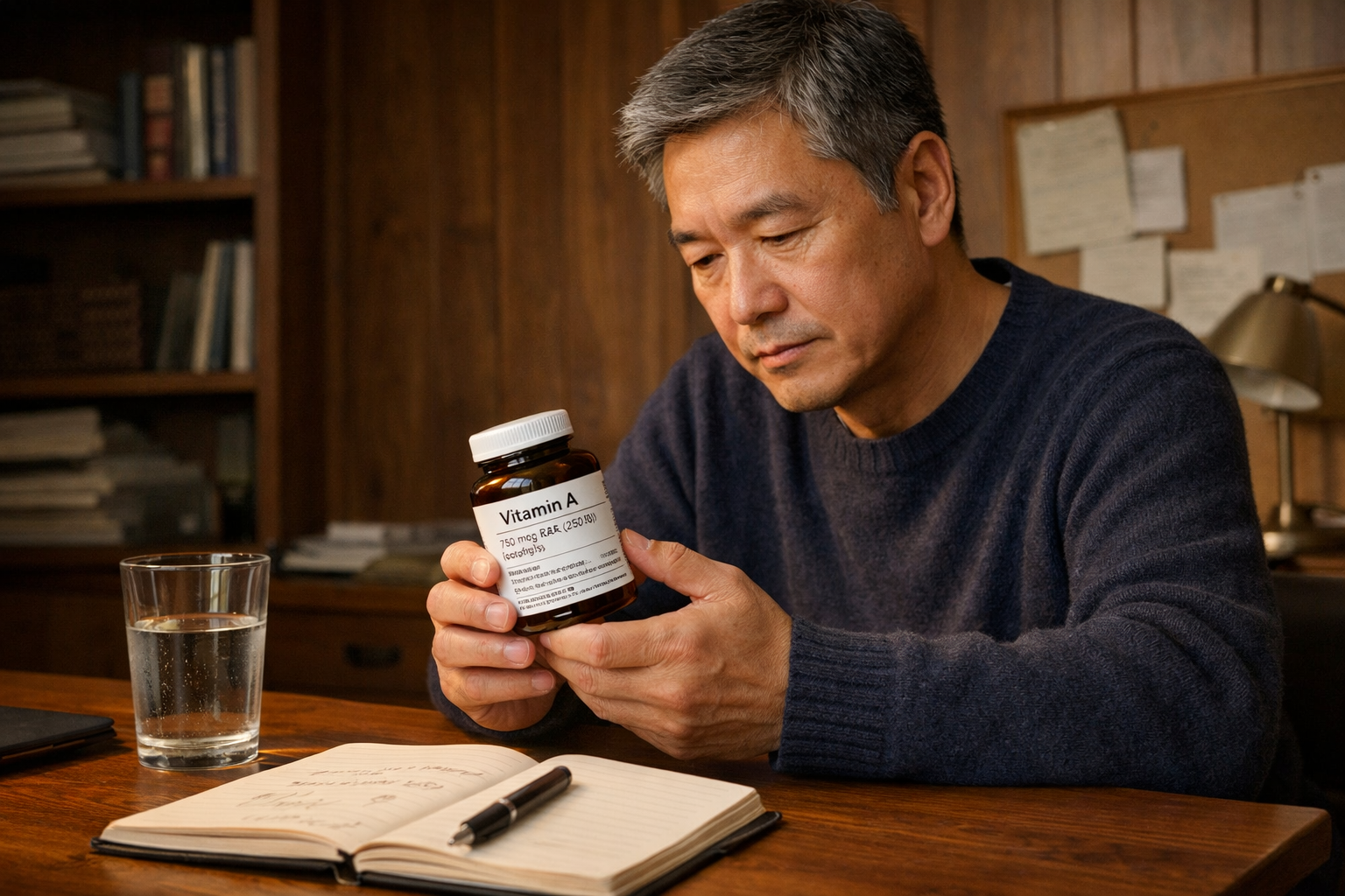 使用前にビタミンAサプリメントのラベルを読む男性