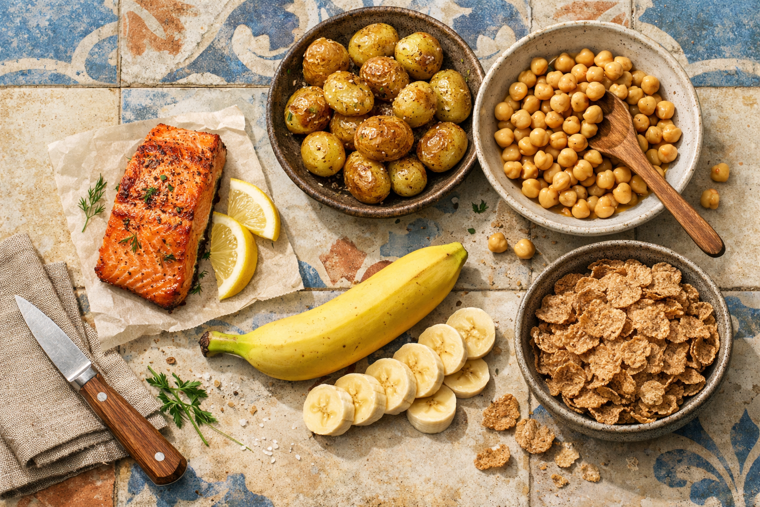 じゃがいも、ひよこ豆、シリアル、果物、魚など、ビタミンB6を多く含む食品