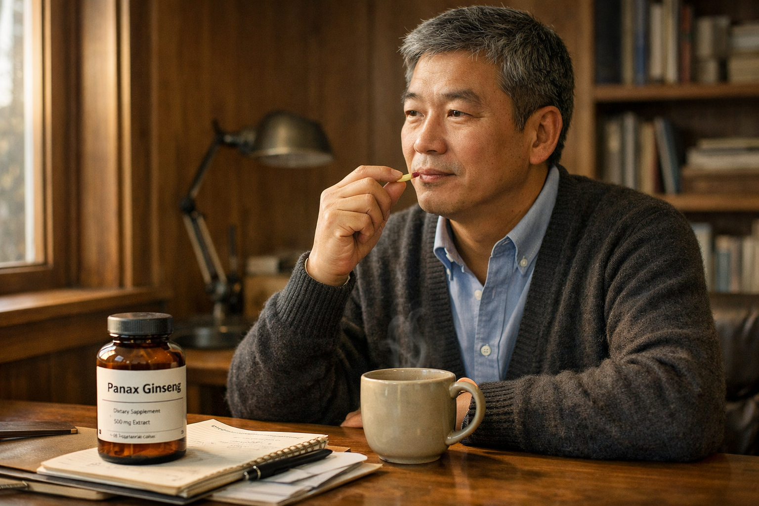 机でお茶と一緒にPanax ginsengサプリメントを飲む男性