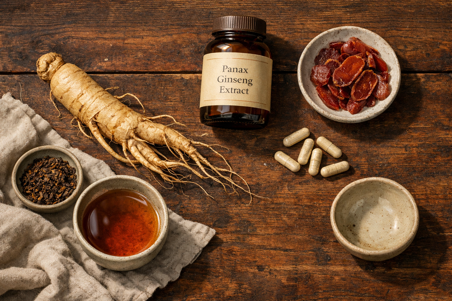 テーブルに並んだPanax ginsengの根、スライス、お茶、カプセル、抽出物