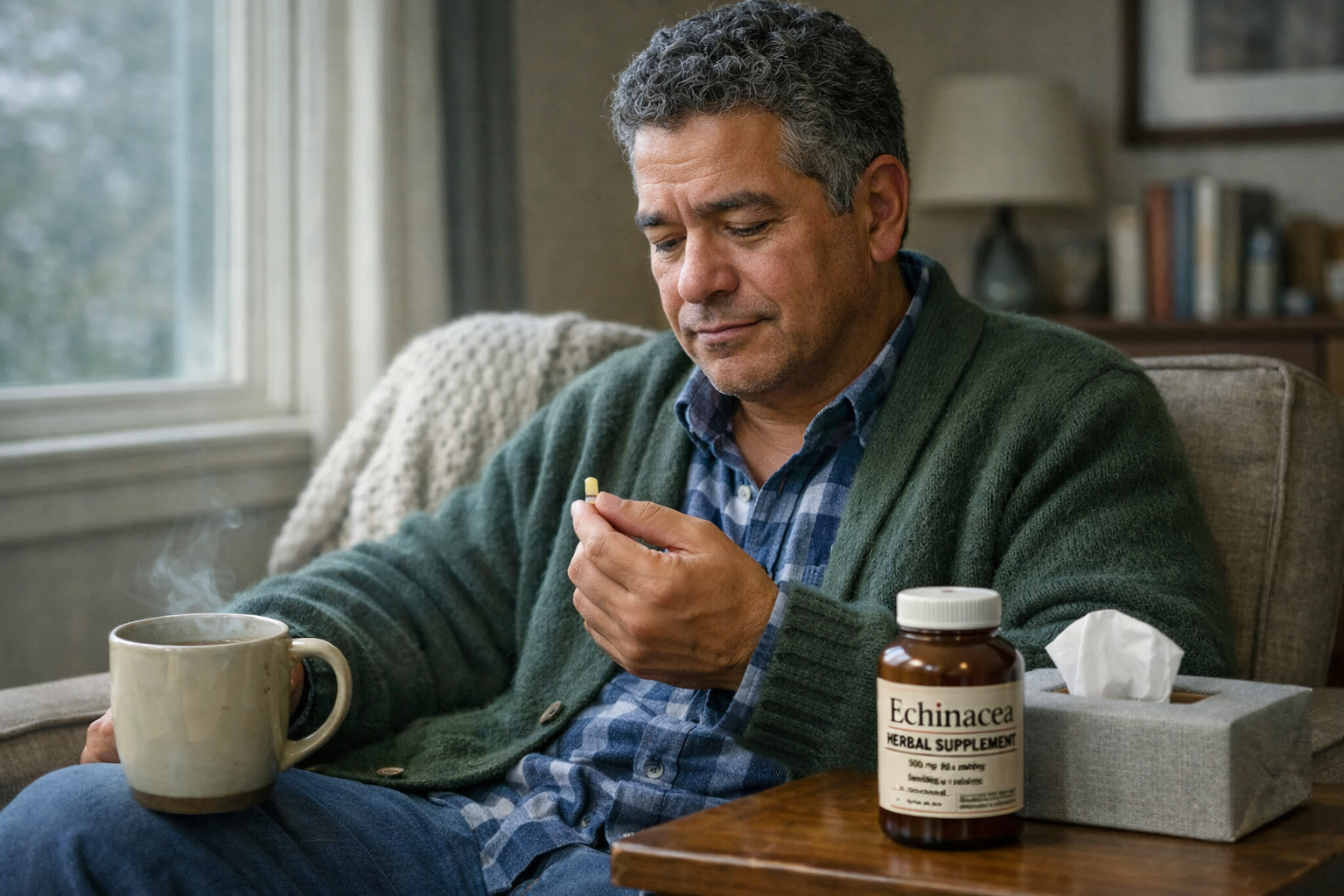 かぜの季節に自宅でお茶とエキナセアのボトルを持つ人