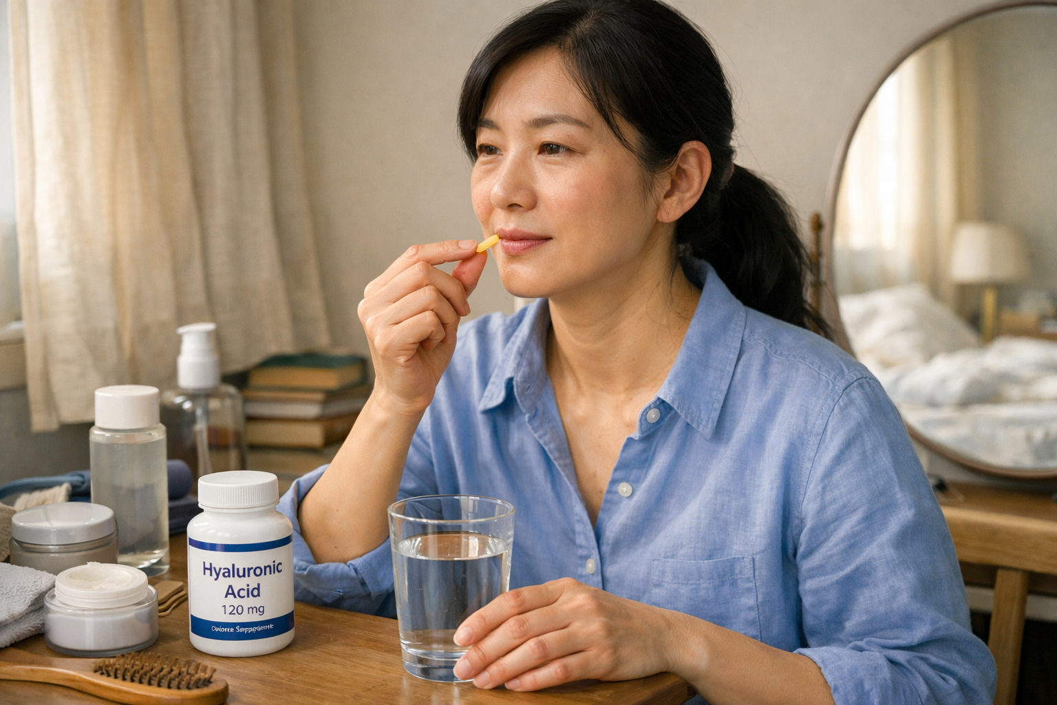 朝のスキンケア中に水でヒアルロン酸サプリメントを飲む女性。