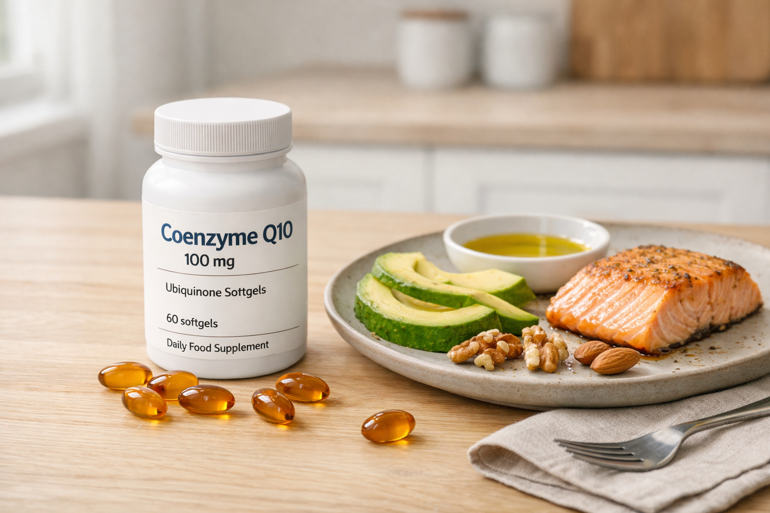 良質な脂質を含む食事のそばに置かれたCoQ10のソフトジェルとボトル
