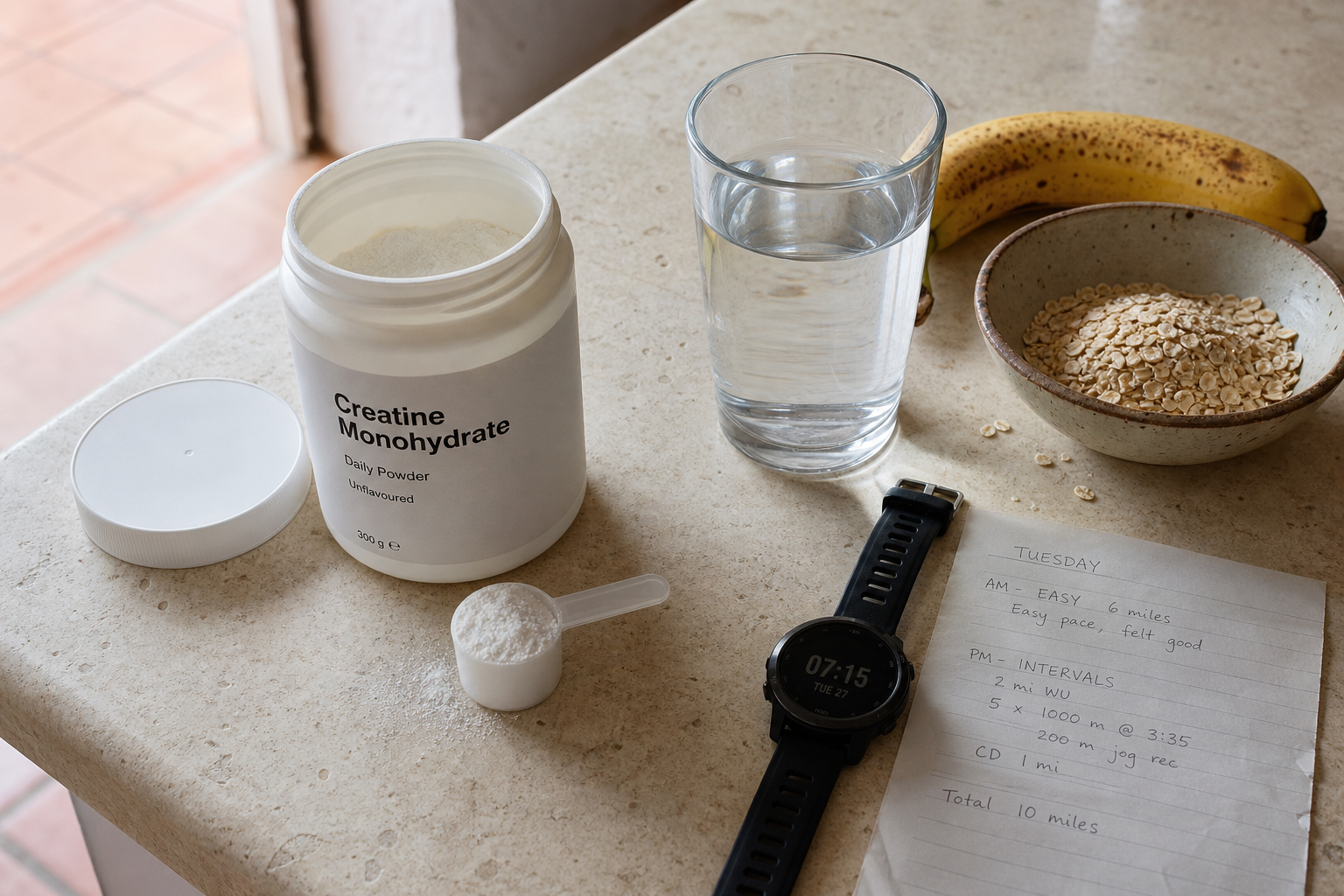 水、朝食、ランニング用品のそばに置かれた、すり切り1杯のクレアチン。