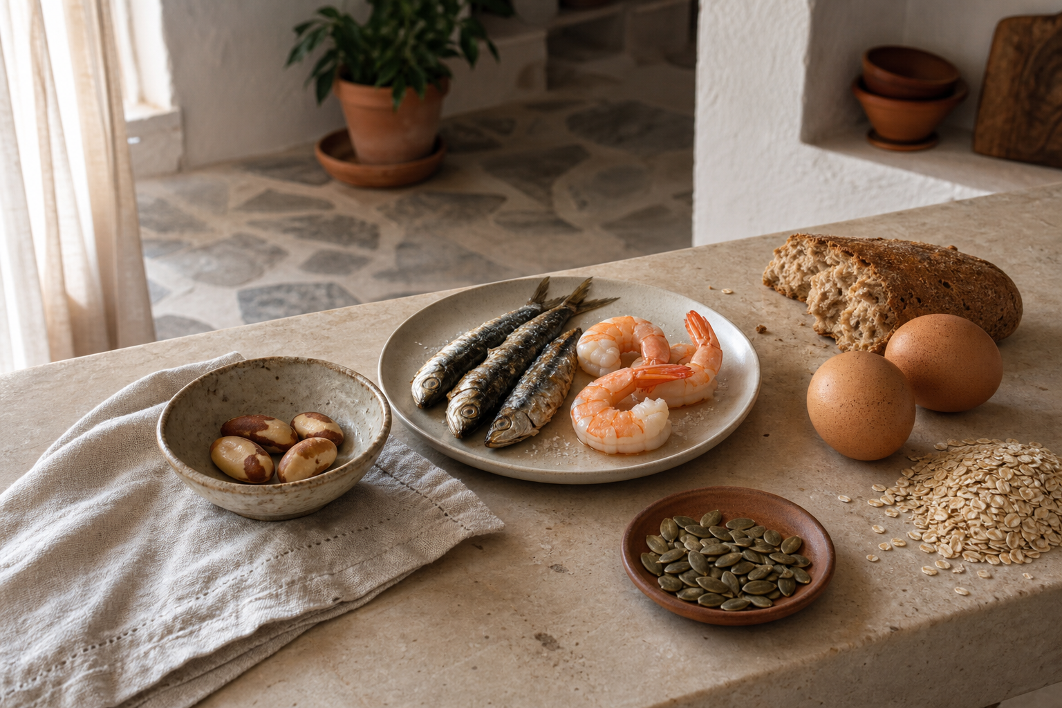 Castanhas-do-pará, frutos do mar, ovos e grãos integrais dispostos como alimentos ricos em selênio sobre uma bancada de cozinha.