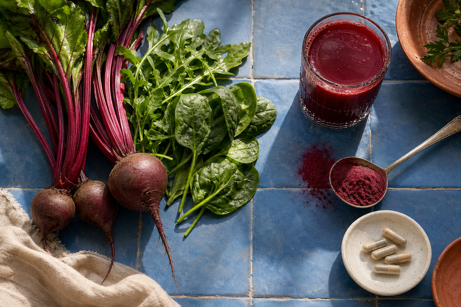 Beterraba, verduras de folhas verdes, suco de beterraba, pó e cápsulas vistos de cima