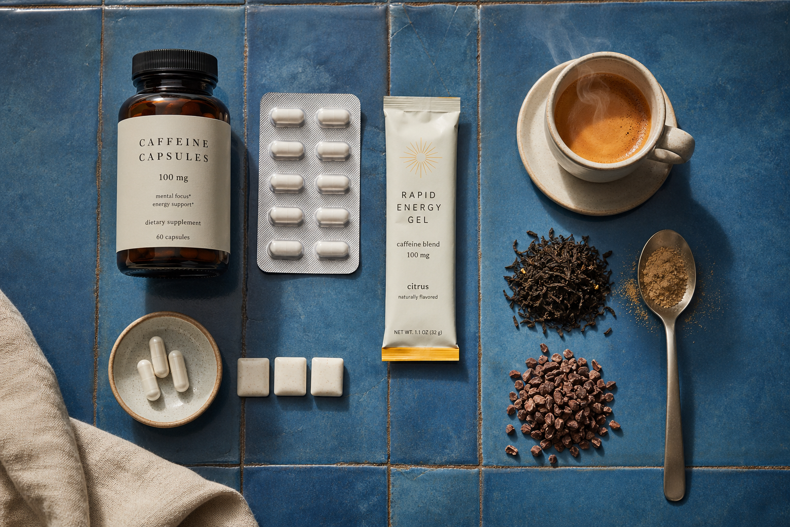 Conjunto de cápsulas e comprimidos de cafeína, goma de mascar, gel, espresso, folhas de chá, pedaços de cacau e pó de guaraná