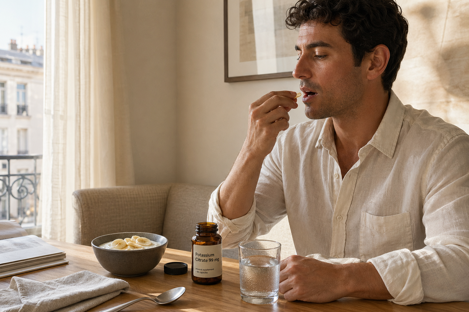 Homem tomando um suplemento de potássio com água em uma mesa de café da manhã