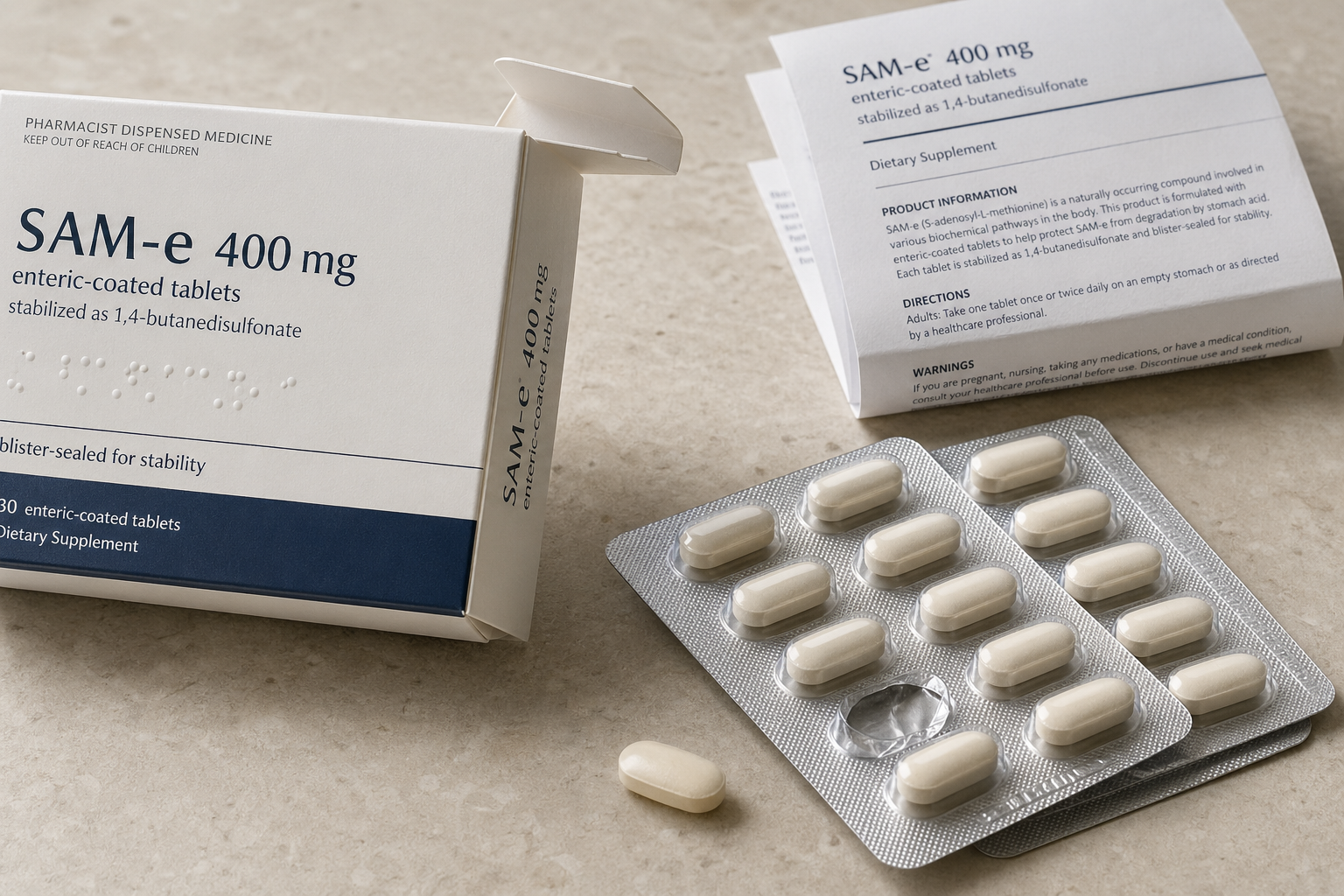 Detalhe de comprimidos de SAM-e em blister ao lado da caixa do suplemento