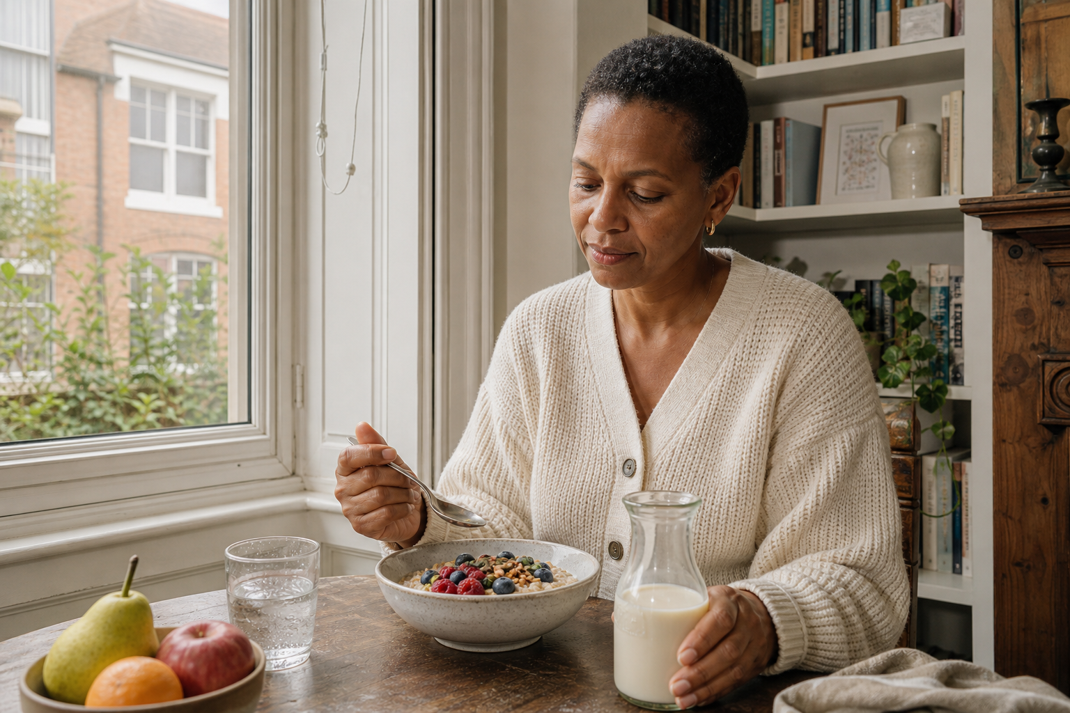 Mulher comendo mingau de aveia com frutas vermelhas e sementes ao lado de uma jarra sem marca de leite vegetal.