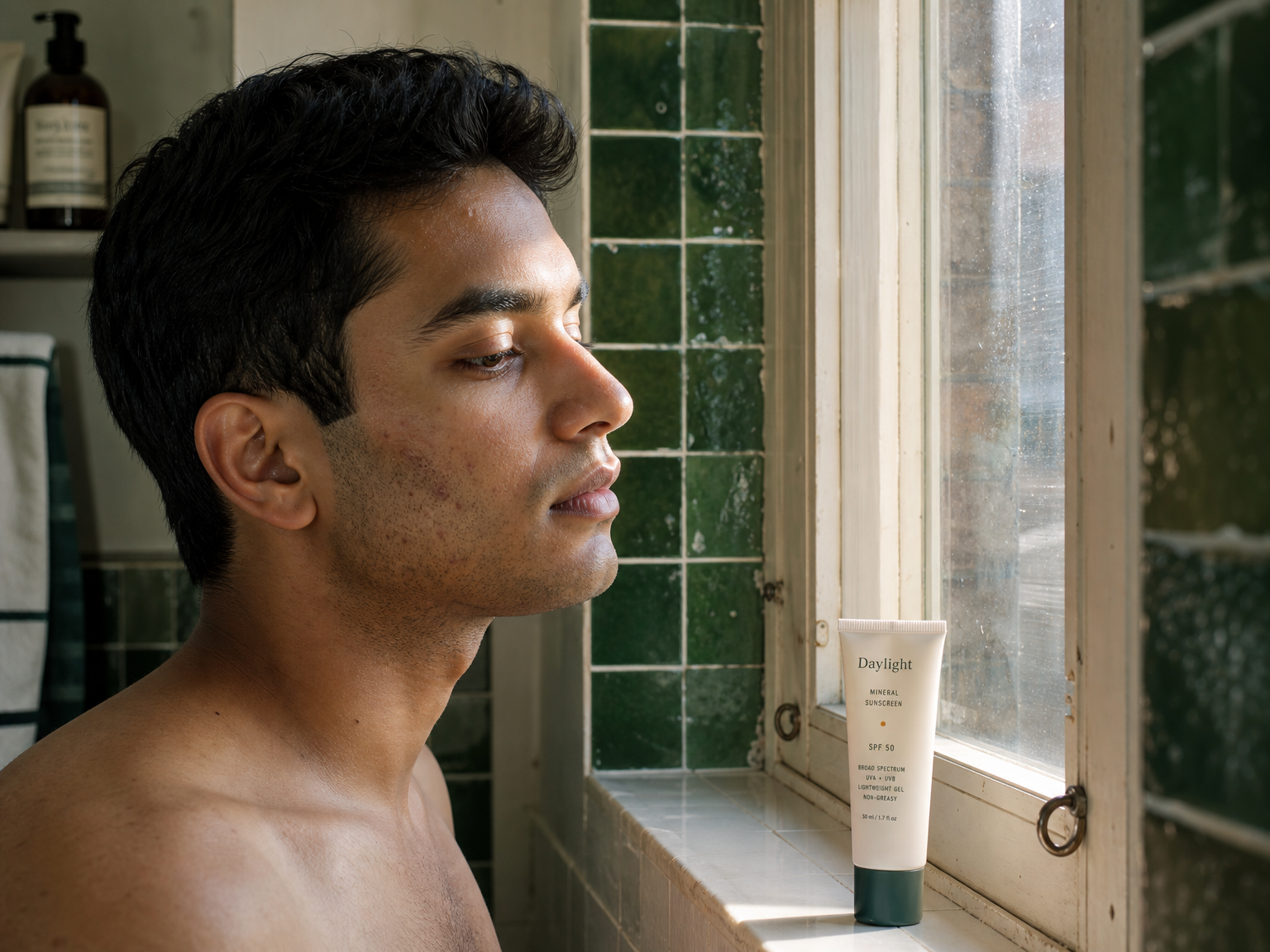 Jovem com pele com leve tendência à acne perto da luz da manhã e uma bisnaga de protetor solar sem marca.