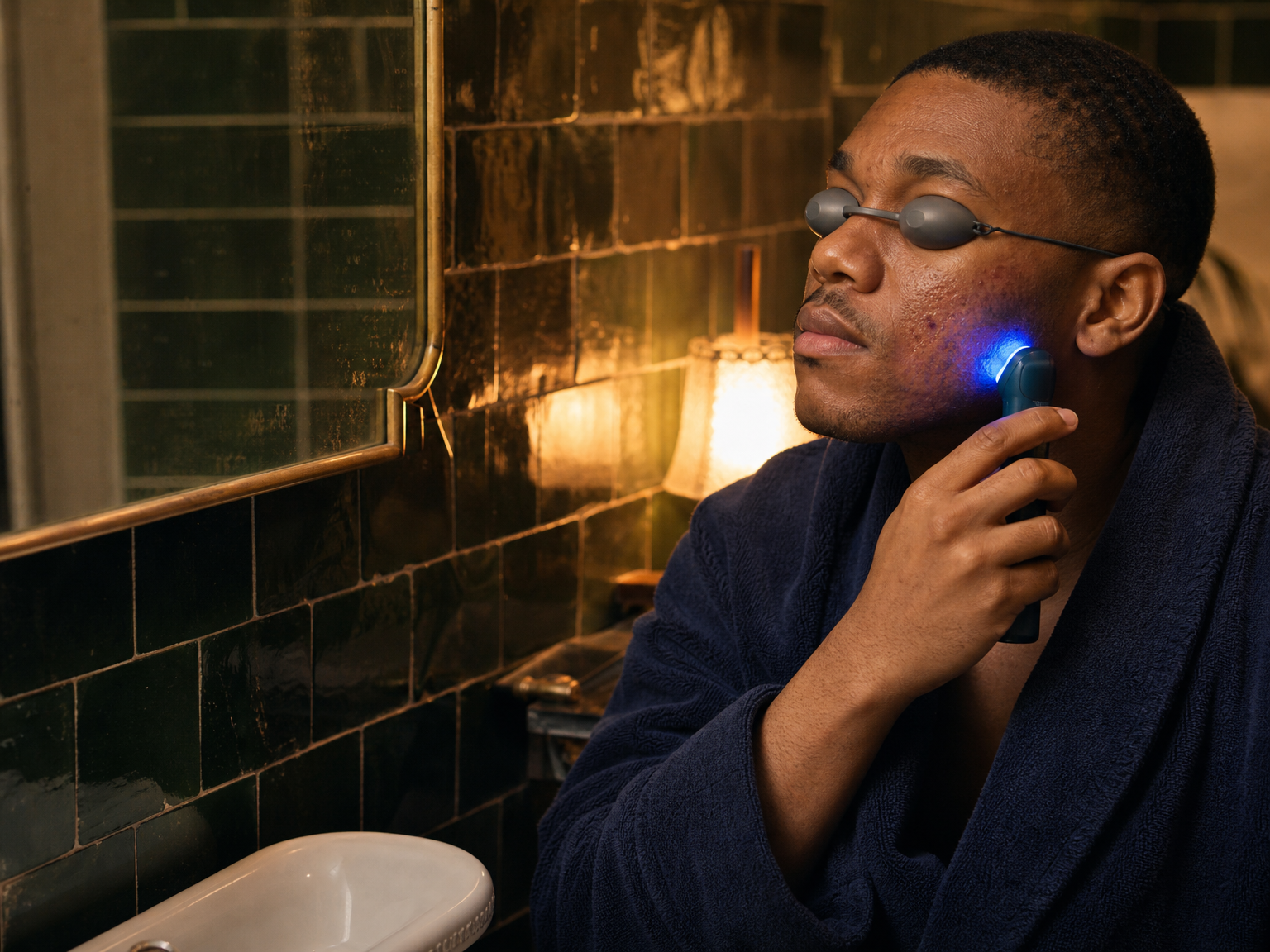 Homem com acne leve usando um dispositivo de terapia com LED azul para acne enquanto usa protetores oculares.