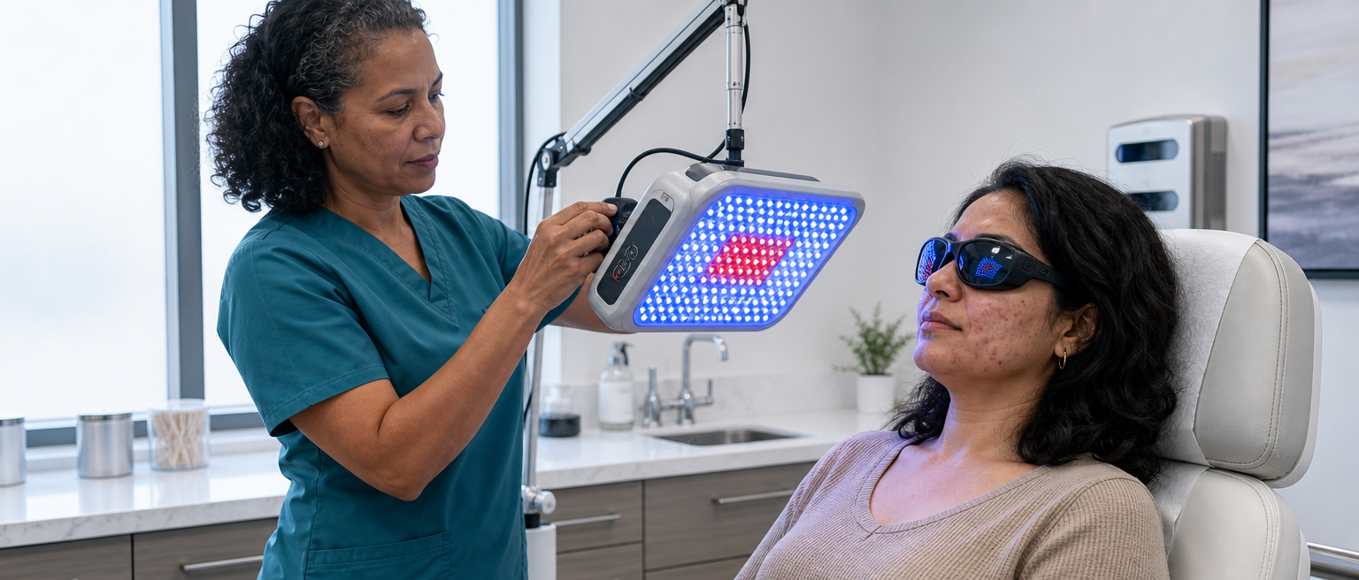 Profissional ajusta um painel de terapia para acne com LED azul e vermelho, sem marca aparente, para um paciente usando óculos de proteção.
