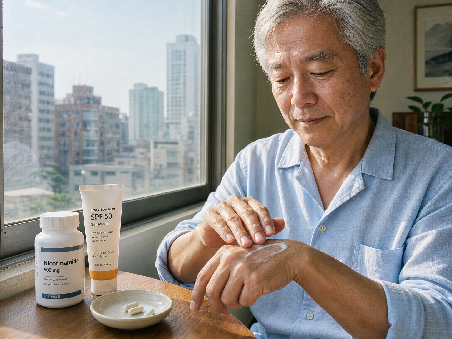 Homem mais velho aplicando protetor solar ao lado de cápsulas genéricas de nicotinamida sob a luz da manhã.