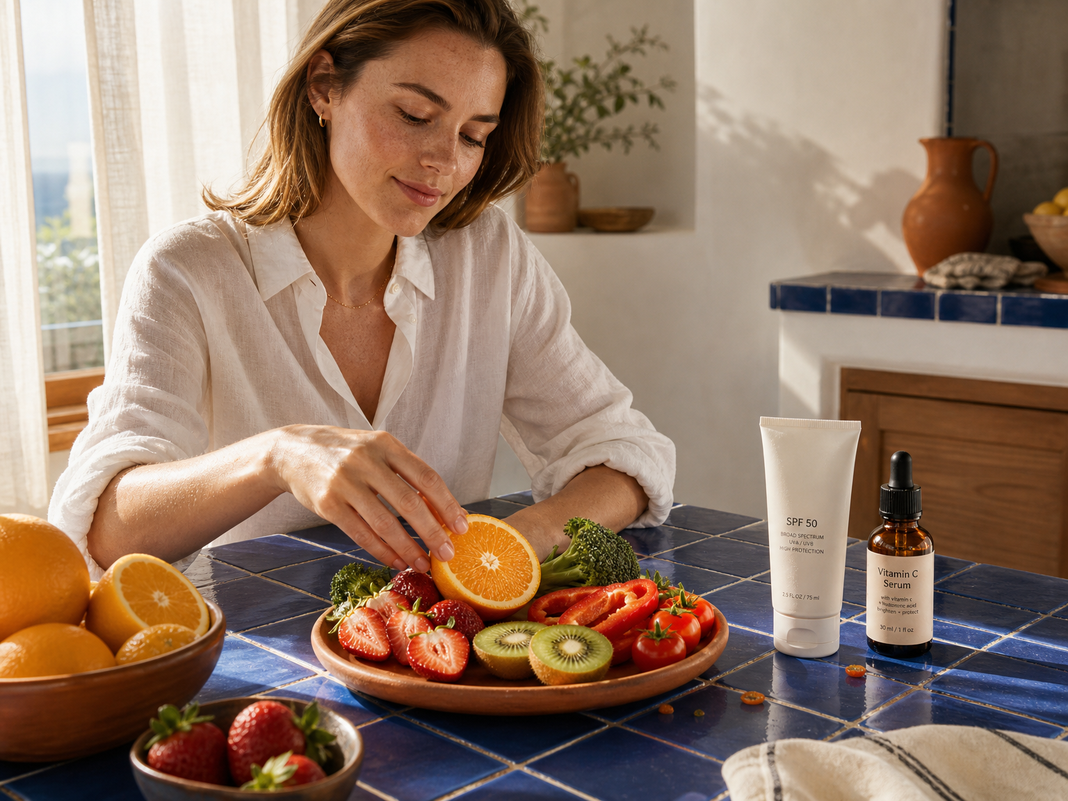 Frutas e vegetais ricos em vitamina C ao lado de um protetor solar genérico e de um sérum de vitamina C.