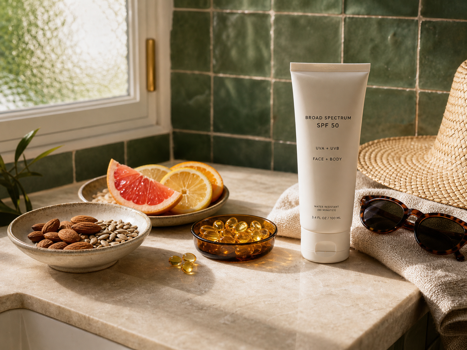Protetor solar sem marca, cápsulas gelatinosas de vitamina E, nozes, frutas cítricas, óculos escuros e um chapéu de sol dispostos sobre a bancada de um banheiro.