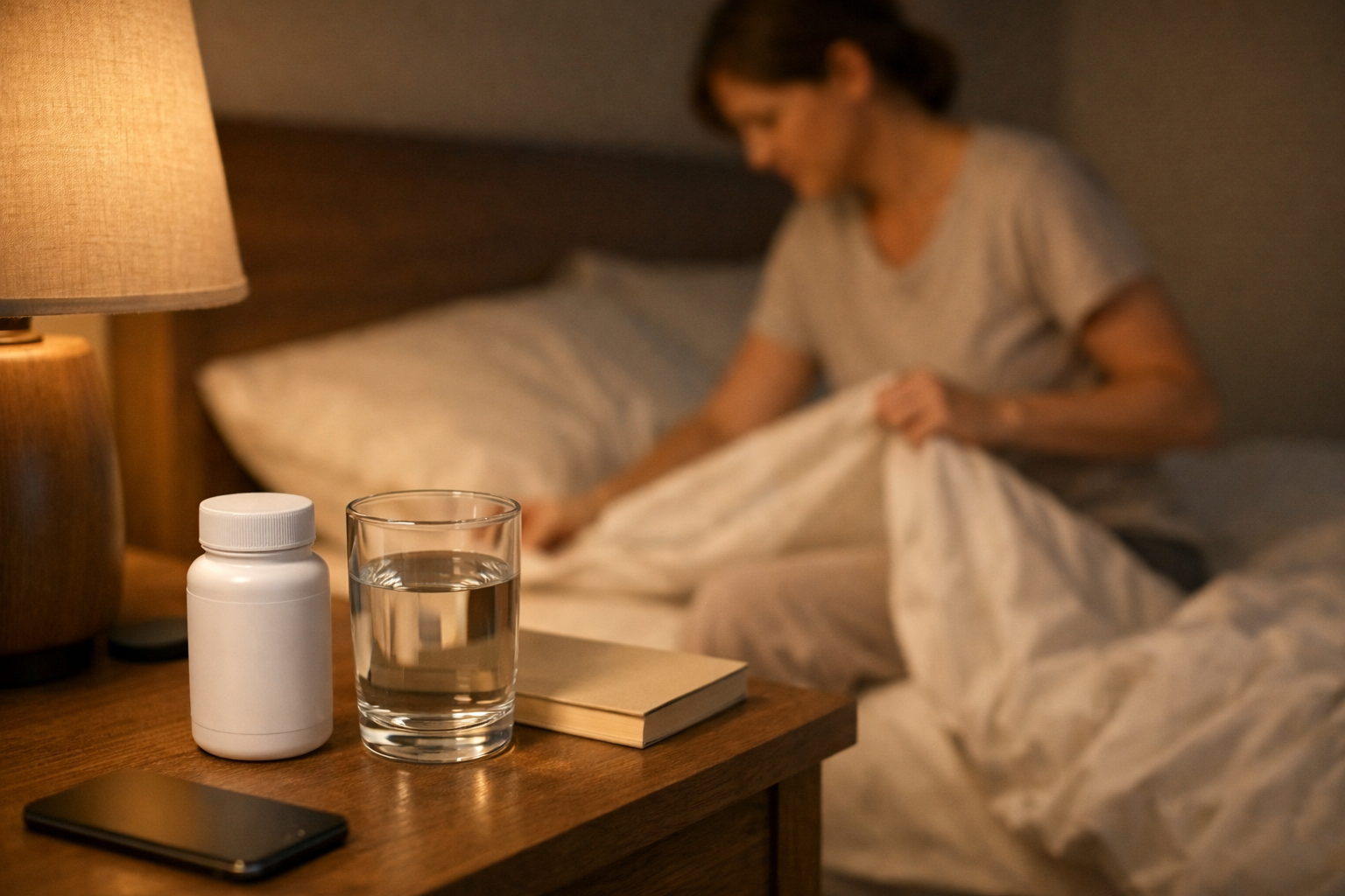 Adulto se preparando para dormir com um suplemento de magnésio e água na mesa de cabeceira