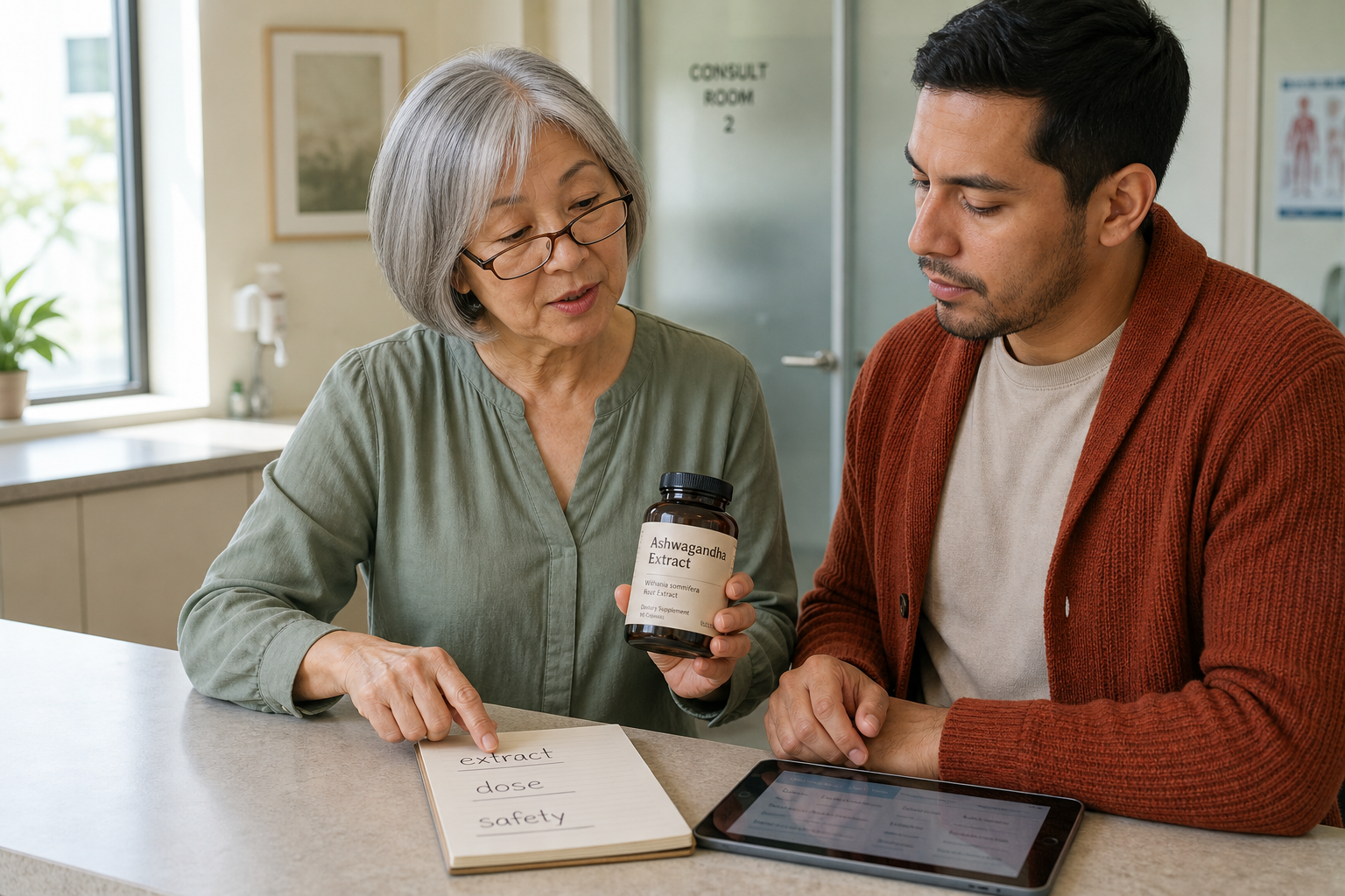 Mga karaniwang bote ng extract ng ashwagandha at mga tala sa pananaliksik na naghahambing ng iba't ibang anyo ng extract.